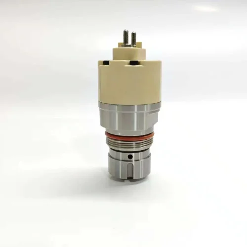 1-7135-486-1K135486-64-John-Deere-Hyundai-Caterpillar-EUI-Control-Valve-Main-Image Full vertical view of 7135-486 1K135486-64 electronic unit injector control valve showing the cream-colored solenoid top cap with twin threaded terminal posts and a polished steel valve body with a red sealing O-ring.