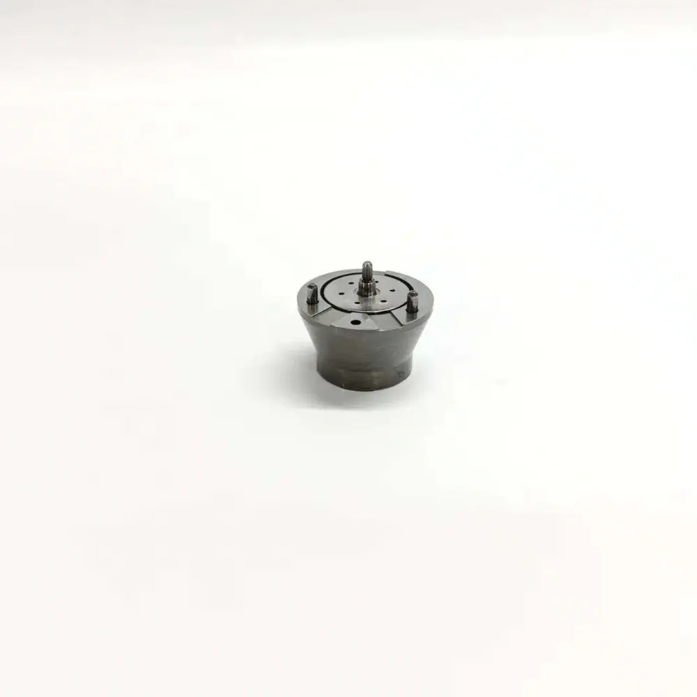 Direct top-down view of 7206-0460 1K060460-64 electronic unit injector control valve assembly showing the flat polished surface plate layout, concentric circle patterns, and vertical precision guide pins.