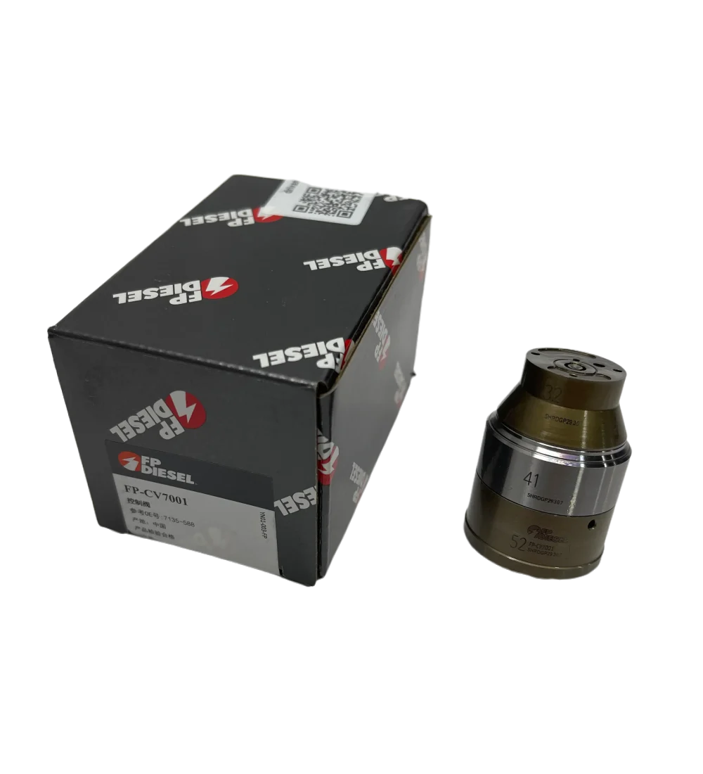 dlw-valve-cv7001-7135-588-box-original Original studio shot of DLW CV7001 control valve with its FP Diesel black packaging box, showcasing real product textures under studio lighting.