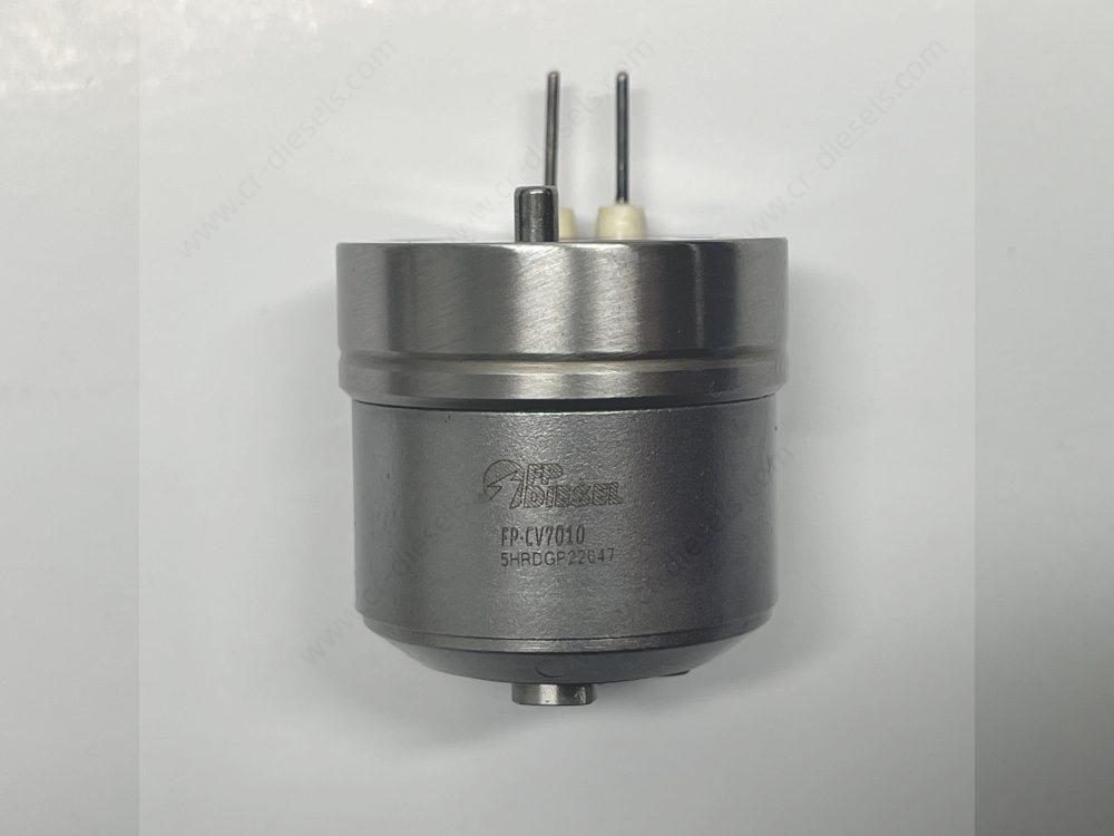 Front view of DLW CV7010 unit injector control valve with twin-pin solenoids and high-precision machined valve body.